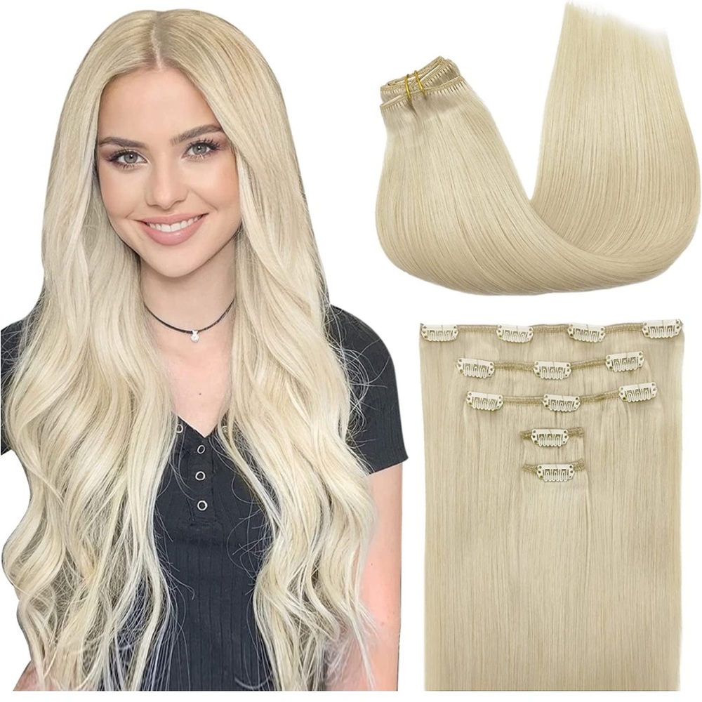 20Inch Clip in Hair Extensions Real Human Hair,80g 5pcs Platinum Blonde